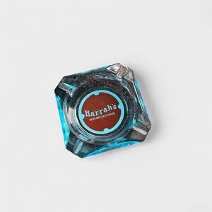 Vintage Harrah’s Casino Ashtray Turquoise Blue Glass Reno & Lake Tahoe Red Logo